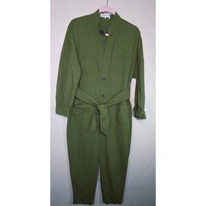 Apiece Apart Green Utility Jumpsuit Womens 2 Cotton Button Front Tie Waist...